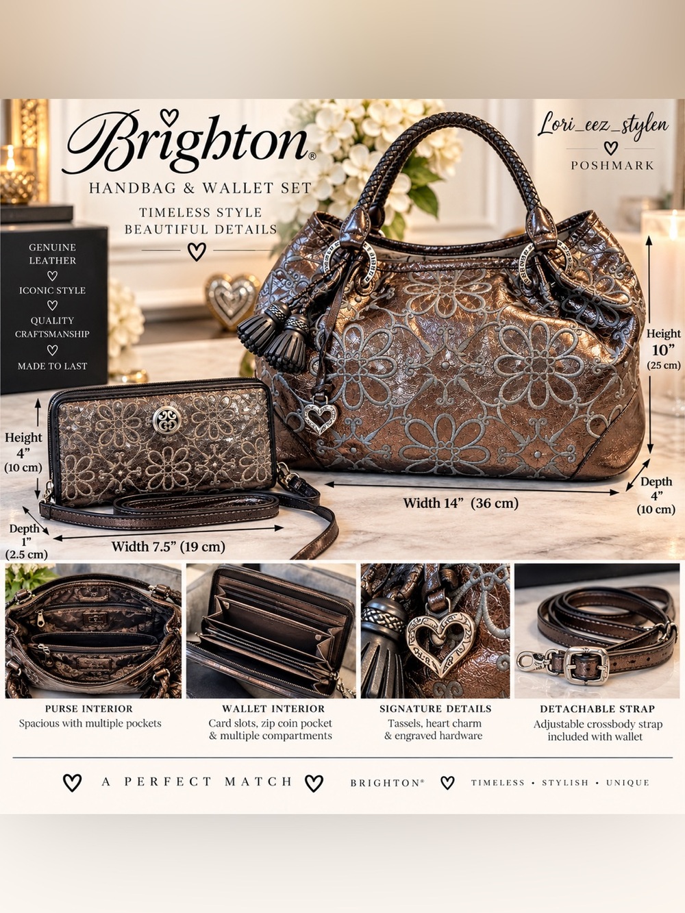 Brighton Metallic Brown Floral-Embossed Shoulder Bag with Matching Wallet